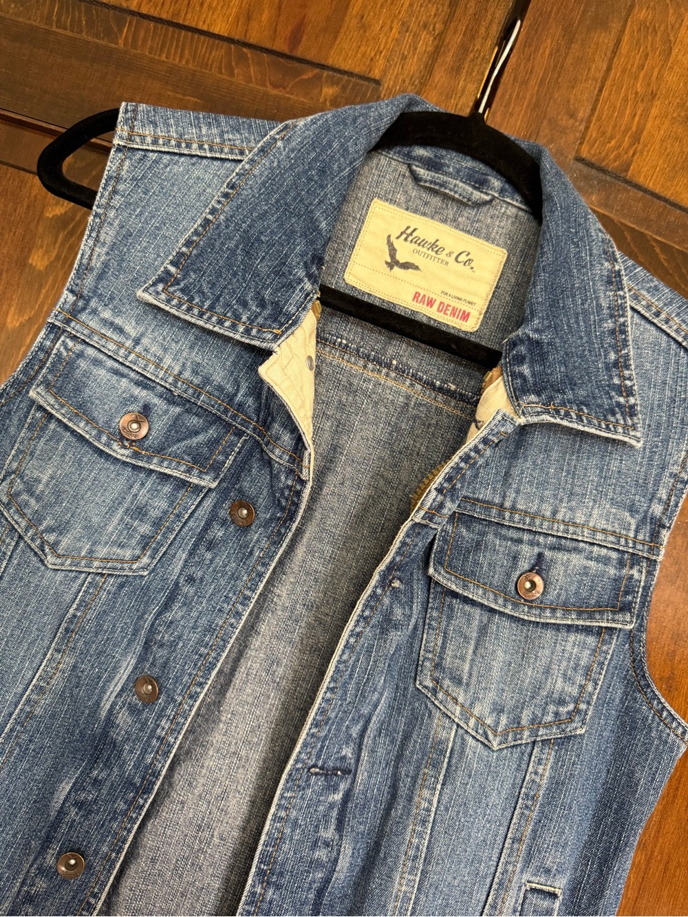 Hawke & Co Outfitter Distressed Raw Denim Trucker Vest Outerwear Boho Medium